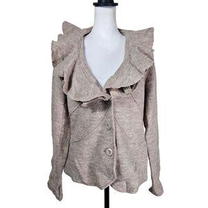 Renuar Boiled Wool Cardigan Sweater M Beige Ruffle Collar Office Minimalist